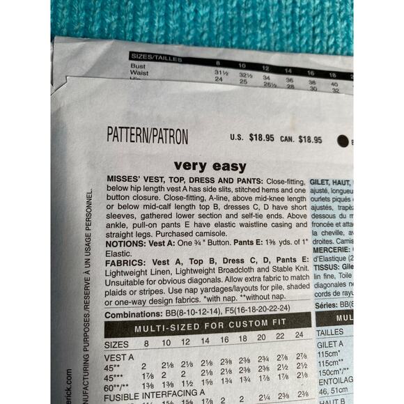 Butterick Sewing pattern 5501 top pants dress vest sz 8 10 12 14 - Picture 4 of 7